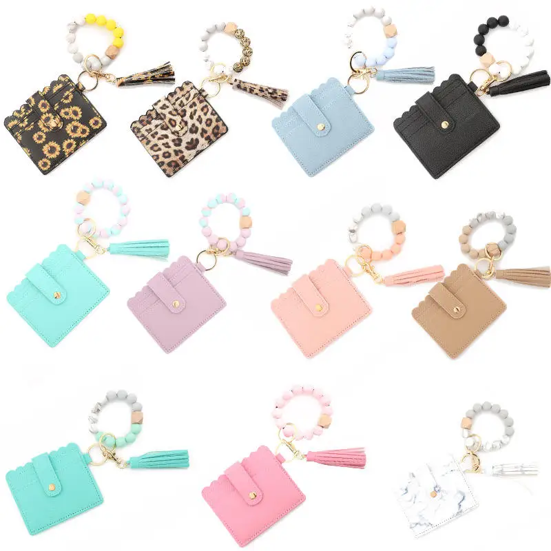 Key Ring Silicone Bead Bracelet with Card Wallet Pu Leather Bracelet with Tassel Wristlet Keychain Bracelet Wallet