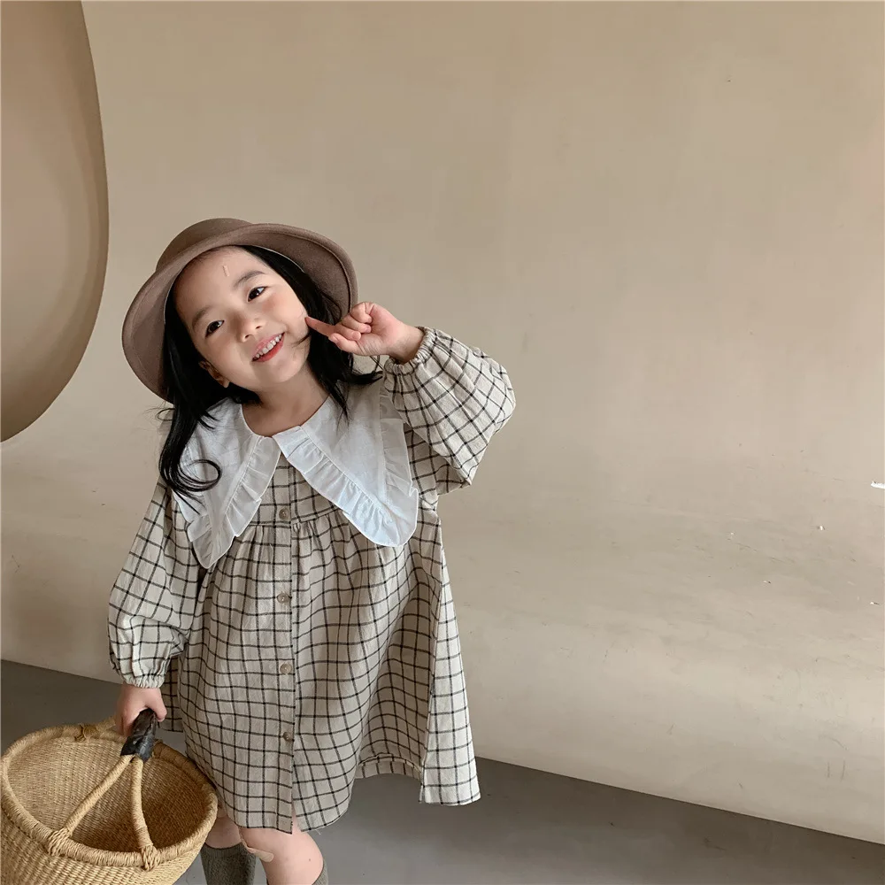 Baby Girls Dress Casual Plaid Clothes Summer 2023 New Korean Cotton Linen Girls Princess Dress Big Turn Down Collar Dress