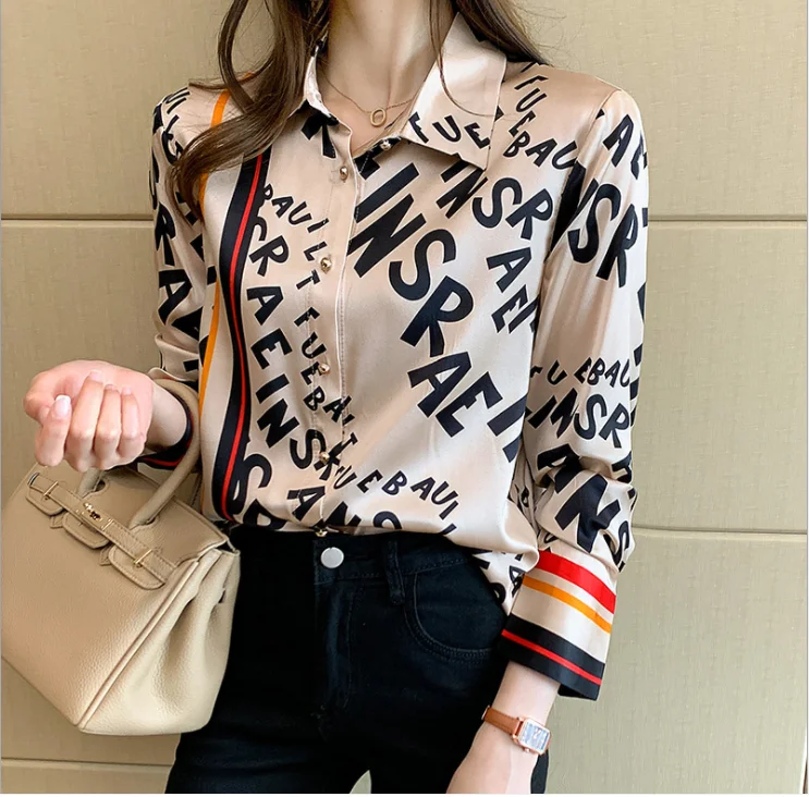 2021 spring and summer new fashion letter printed shirt silk long sleeve Lapel casual top