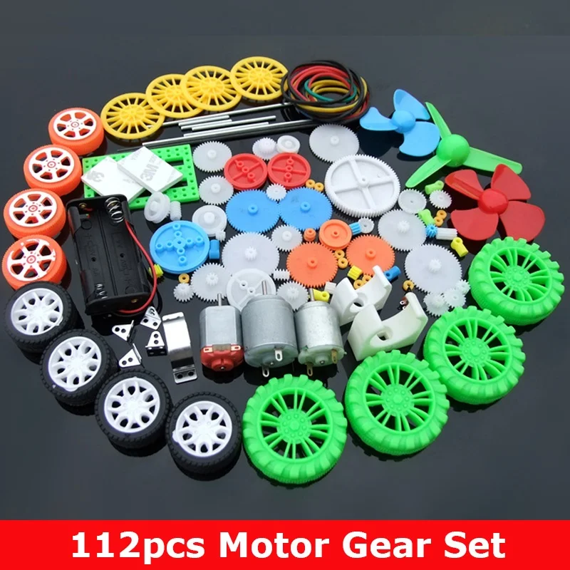 112Pcs DC Motor Kit Electric Mini Motor & Plastic Gears Bracket Shaft Propeller for DIY Toy Car Boat Robot Scientific Experiment