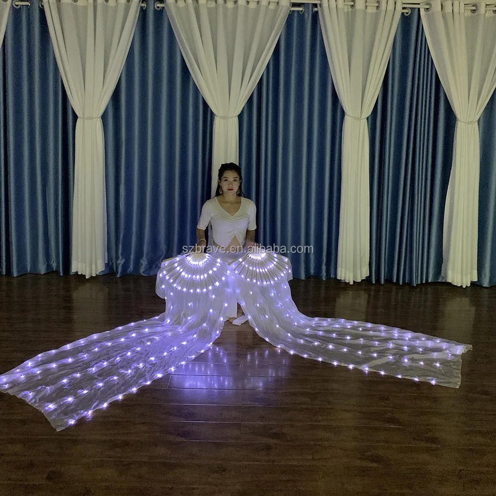 USB Glowing Performance Props Hand Made Silk Belly Dance Fan Veils 1.8M Long Bamboo Fan Women Real Silk Belly Dance Fan Veil