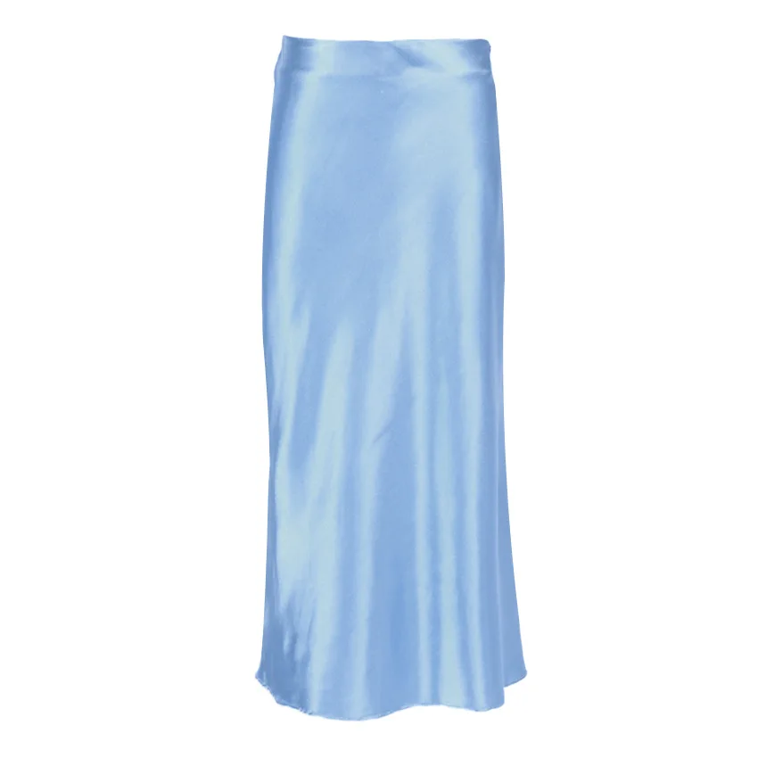Women High Waist Wrapped A Line Skirt Satin Midi Length Skirt