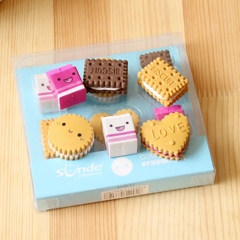 6pcs Cute Milk Biscuits Pencil Non-toxic Rubber Eraser Kawaii Gift Erasers For School And Office Supplies
