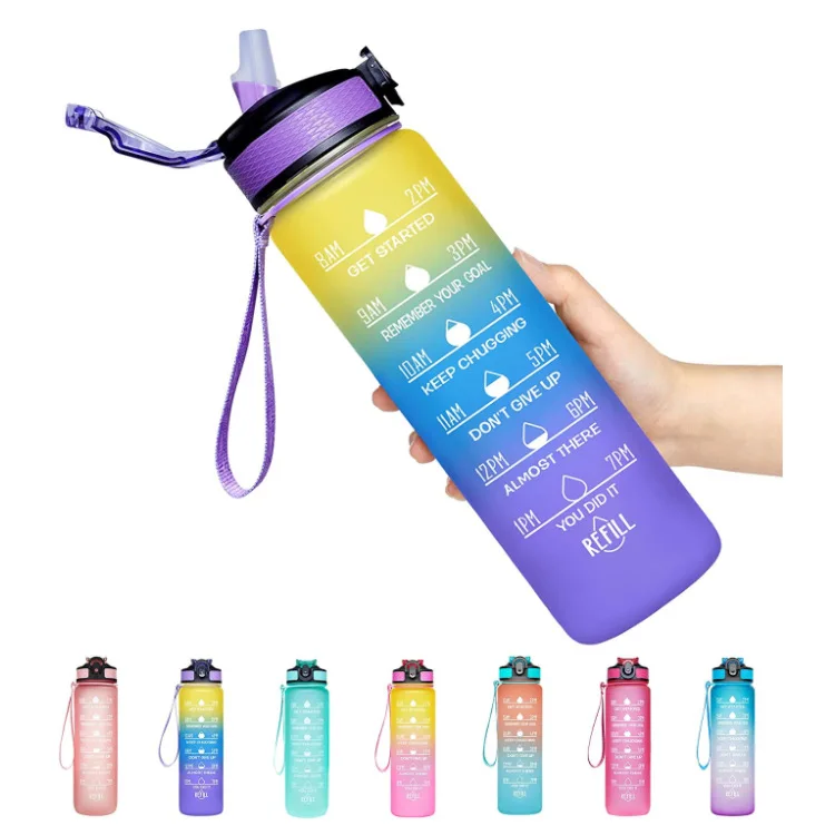 2022 Gym And Outdoor Camping Time Marker 1000ml Sports Motivational Water Bottle Frosted Plastic Water Bottle