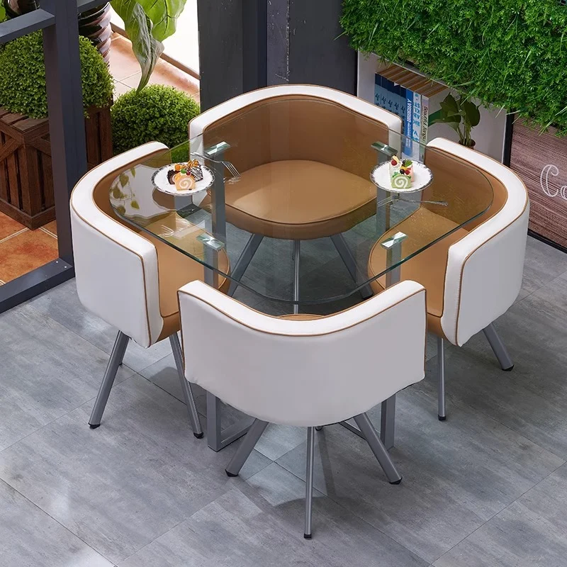 Modern Restaurant Furniture Dining Table Sets 4 Chairs Chromed Stainless Steel Powder Coating Frame Tempered Glass Dining Table