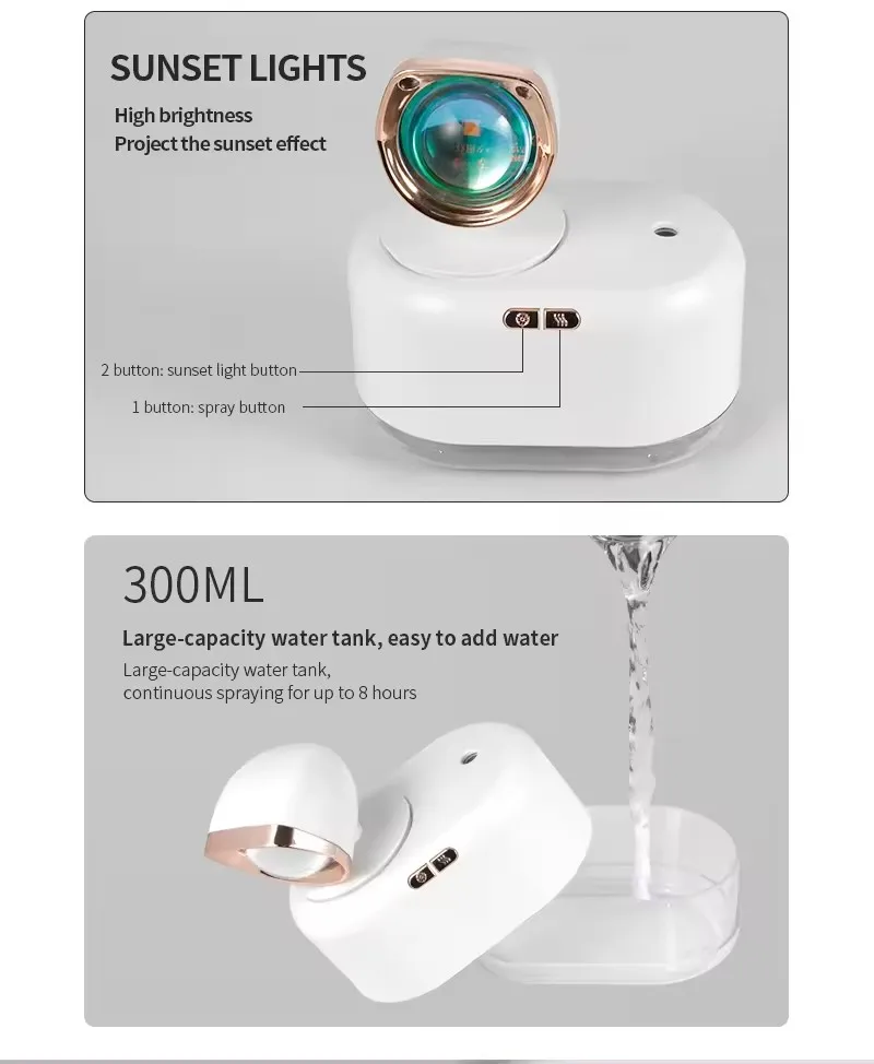 Sunset Light Humidifier 300ML Sunset Projection Air Humidifier Portable Mini Cool Mist Oil Diffuser 2000mAh for Photograph