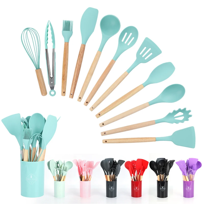 Silicone Kitchen Utensils for Cooking Silicone Utensil Set Heat Resistant Kitchen Gadgets Tools Set with Wooden Handle