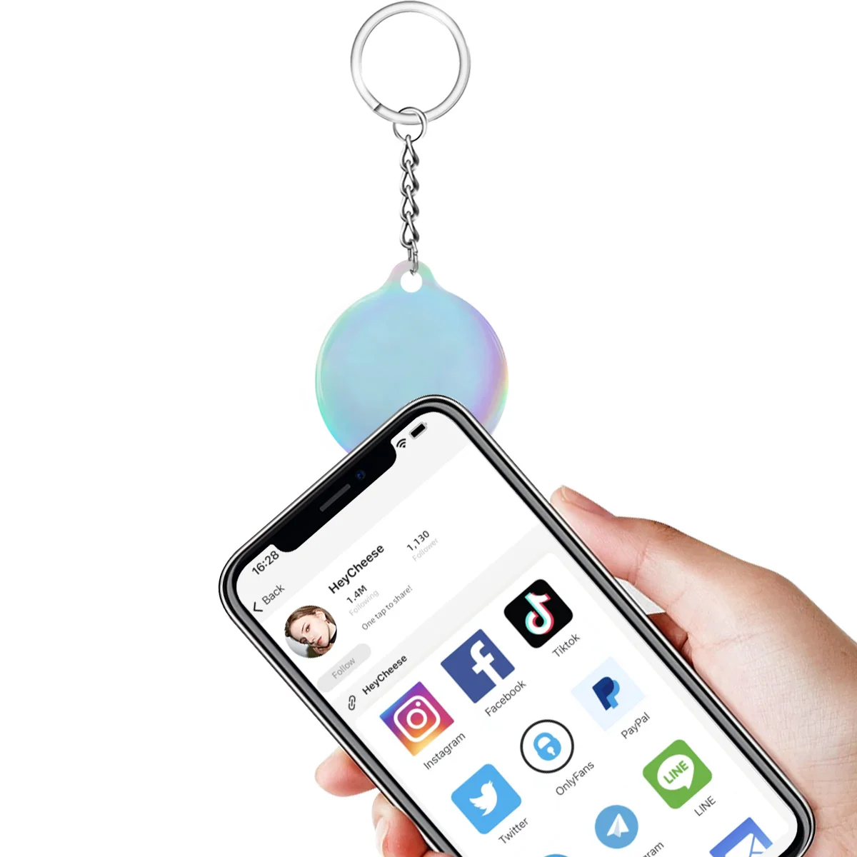 Tap to Share! NFC Smart Keychain with social media free app Heycheese