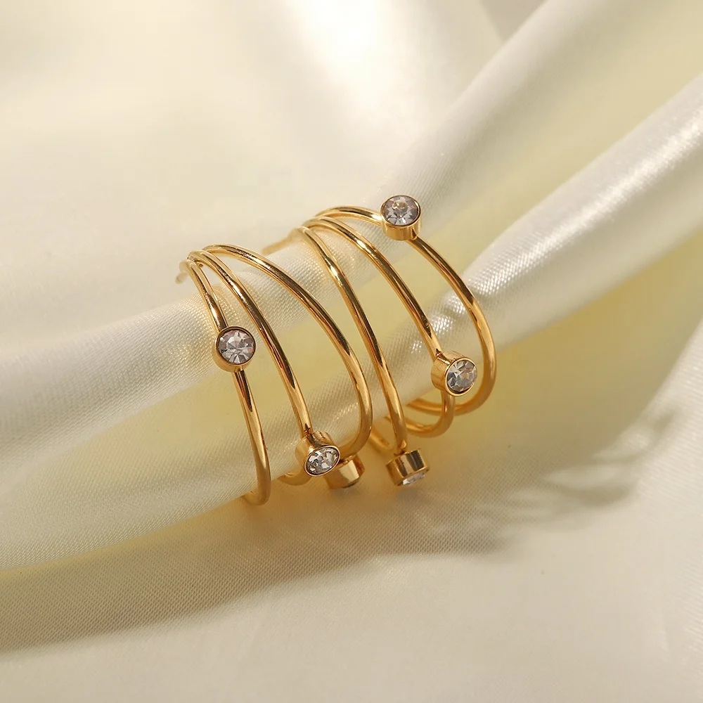 Suyan Jewelry Factory Price  3 Layer Smooth Shiny CZ Stone Cubic Zircon 18k Gold Plated Stainless Steel Hoop Earrings Women