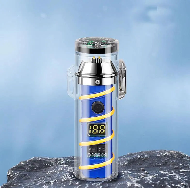 Transparent Shell Flashlight Double Arc Lighter Waterproof Type-C Charging Digital Display Cigarette Torch Lighters