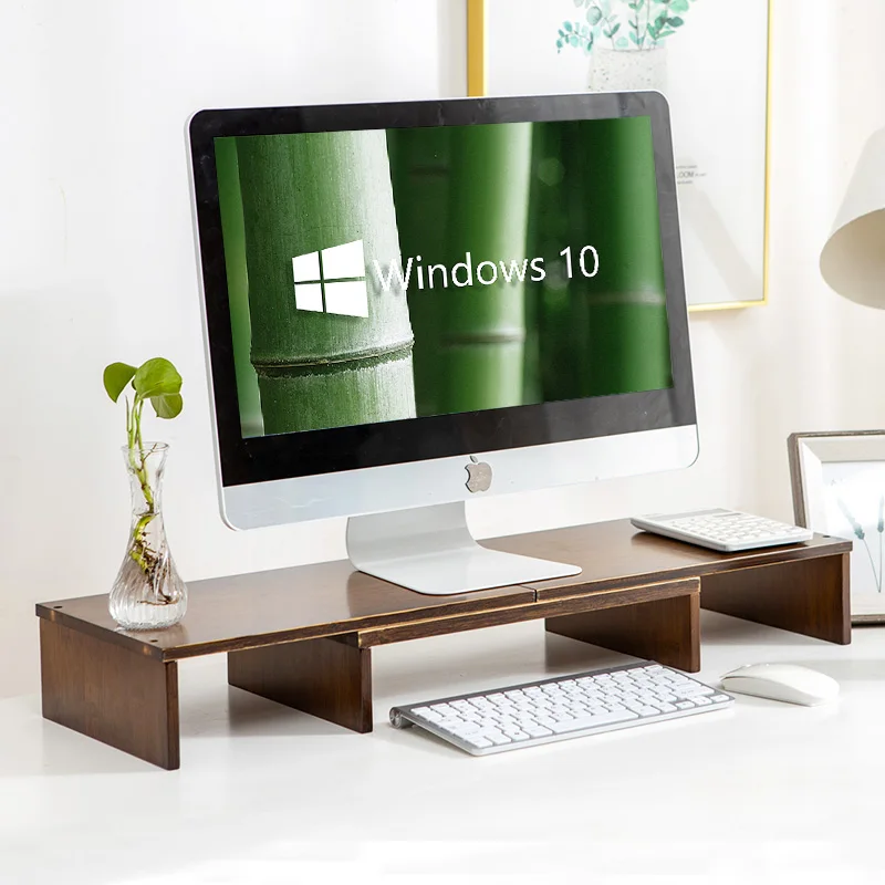 
Bamboo triple Monitor stand Riser with length and angle adjustable,3shelf multifunctional screen desktop Organizer for Laptop 