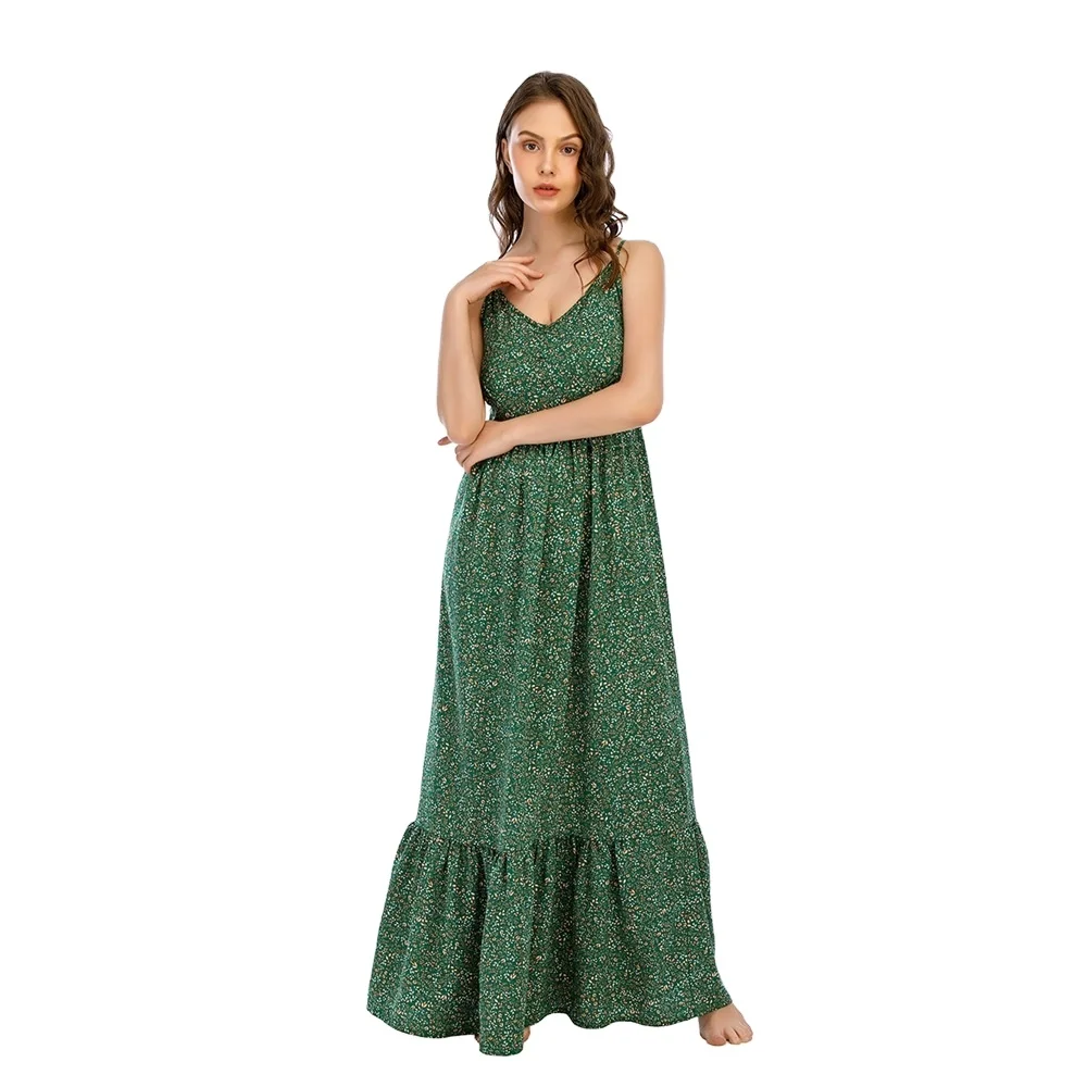 Summer New Style Sling V-neck French Long Dress Empire Floral Fishtail Floor-Length Dress Floral Printed Chiffon Dress For Women