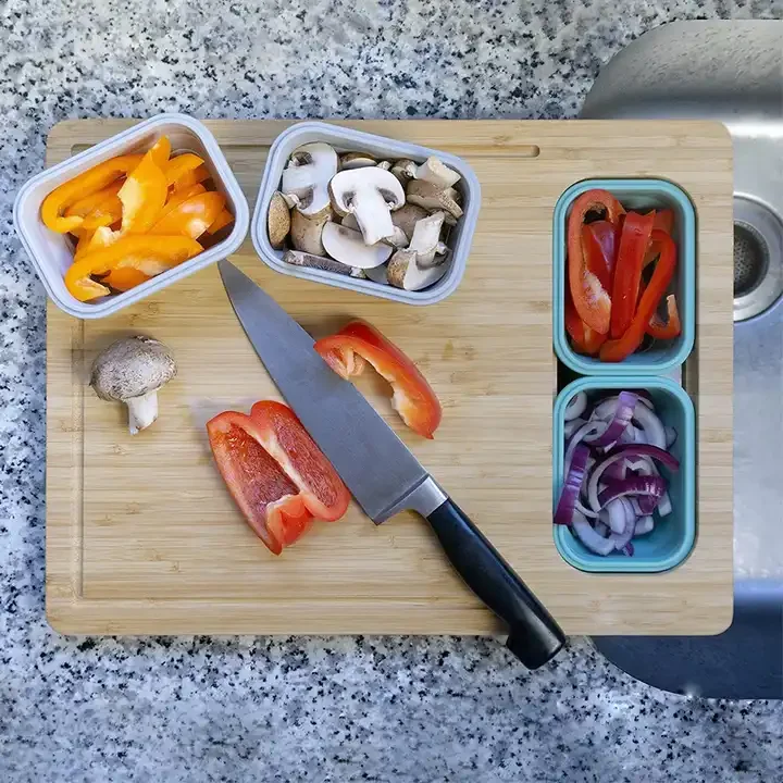 Wholesale Custom High Quality Rectangle Wooden Chopping Board Acacia Chopping Board With 2 Storage Boxes