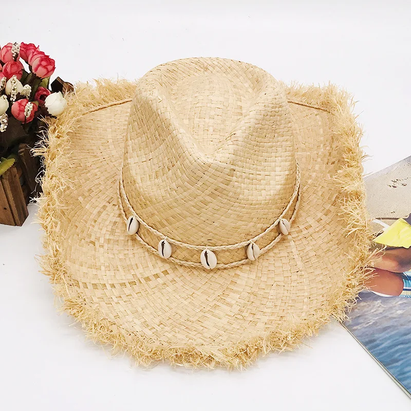 High Quality Women Wide Brim Bowknot Ribbon Cowboy straw hat Paper Flat Panama Hat Summer Sun Beach Raffia Straw Hats
