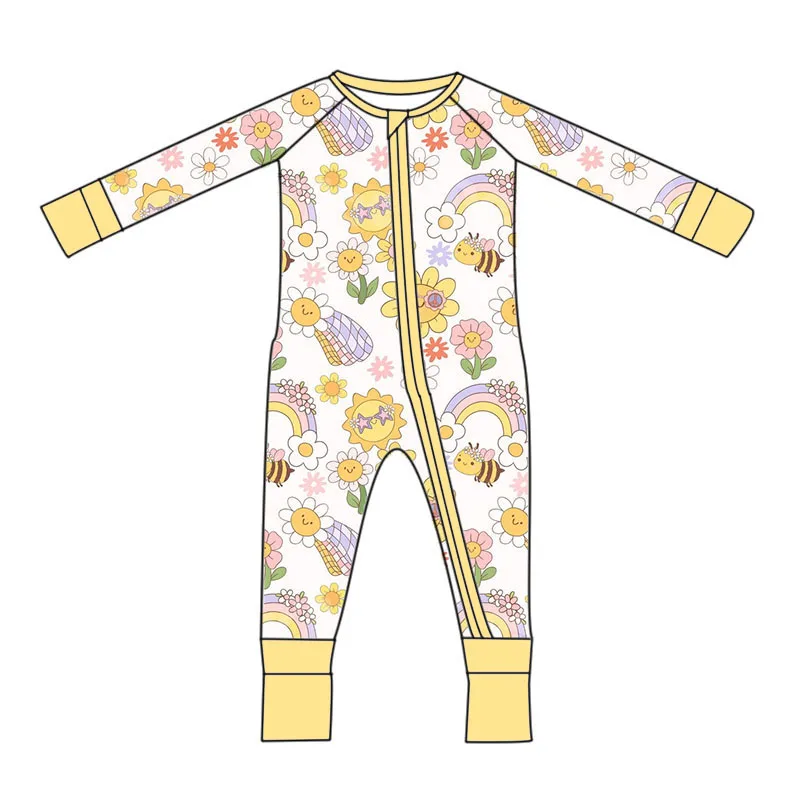 Wholesale Custom Floral Bee Bamboo Viscose Pajamas Baby Footless Romper Infant Boys Girls One Piece Zip Front Jumpsuits Clothes