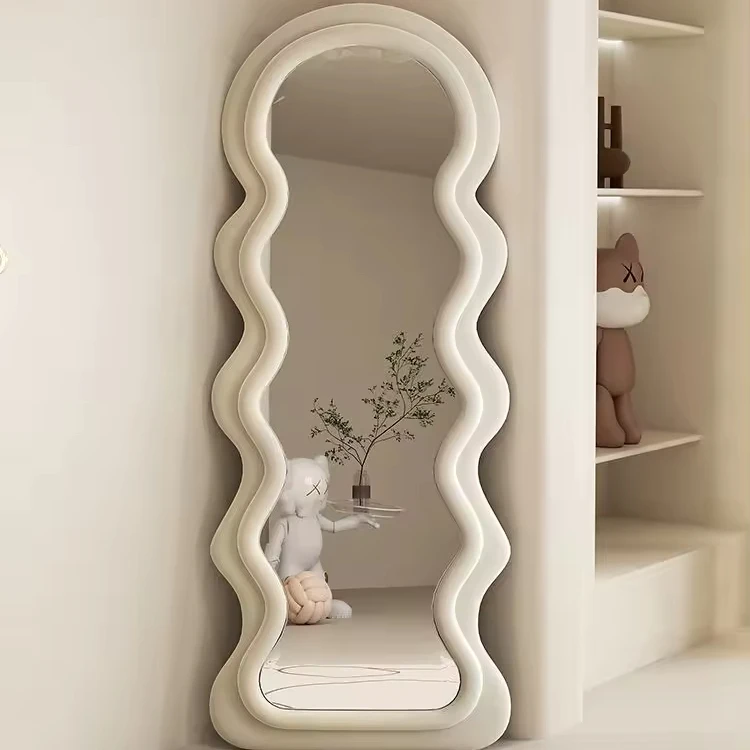Wavy Large Full  Floor Length Wave Shape Wooden Frame Stand Mirrors Arch  Irregular Decorative Wall Dressing Full-Length Mirror