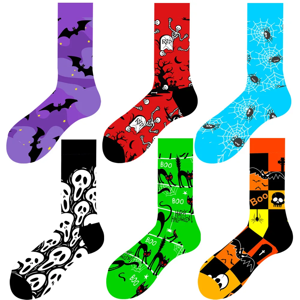 Wholesale Novelty Halloween Bat Skull Skeleton Spider Pattern Socks Mid-Tube Funny Scary Design Cotton Colorful Socks