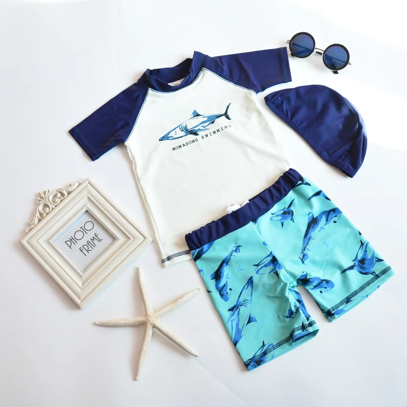 Quick Dry and UPF 50+ Beach Swimming Suit Design Print Shark Active Sporty Boy Swimwear Children 2 Pieces Swimsuit For Kids