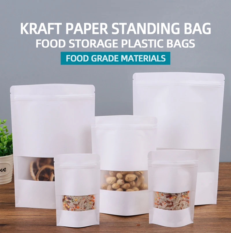 White Kraft Stand up Pouch Paper Spice Bag Resealable Packaging Plastic Paper  Pouch With Window Customized Logo for Food Tea