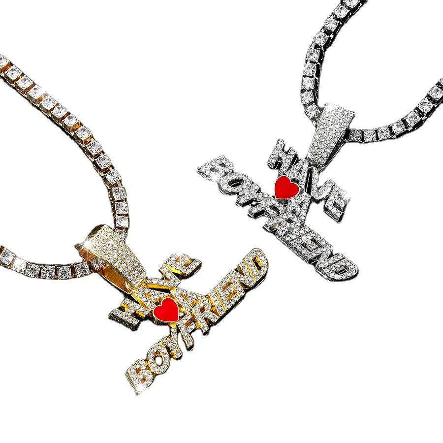 Silver gold color alloy tennis chain with hip hop full bling CZ rhinestone heart letter pendant chokers necklace