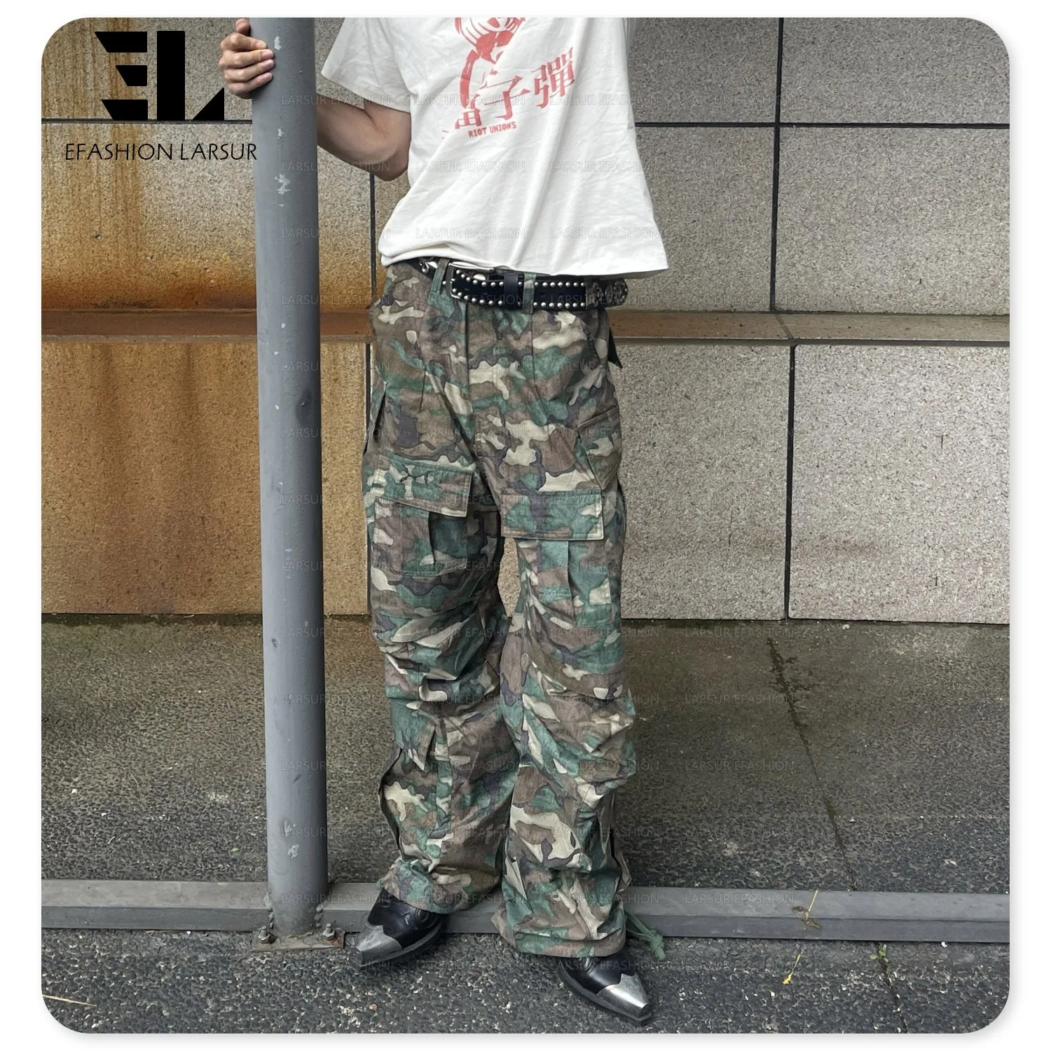 LARSUR Custom factory cotton nylon sun faded ripstop camo cargo pants straight leg jogging tactical skate camouflage pant men