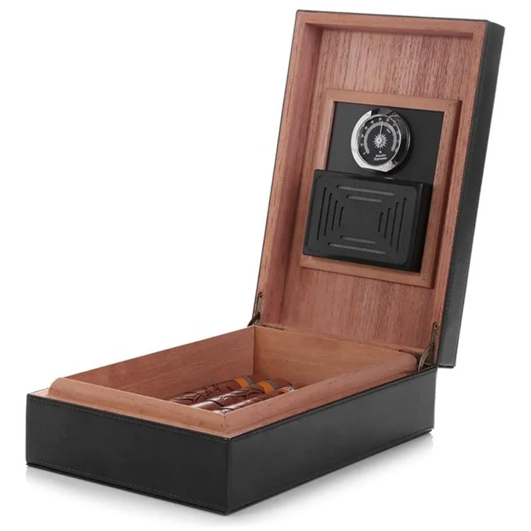 Leather Surface Cedar Wooden Lined Cigar Humidor with Hygrometer and Humidifier, Hold 10-20 Cigars