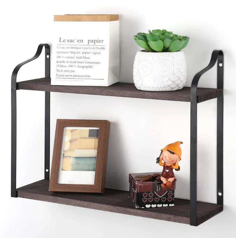 Living Room 2 Tier Wood Metal Storage Shelf Rustic Wall Mounted Bookshelf Floating Shelves