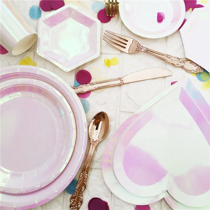 Heading card packed Heart shaped iridescent foil paper plates for girls party wedding party