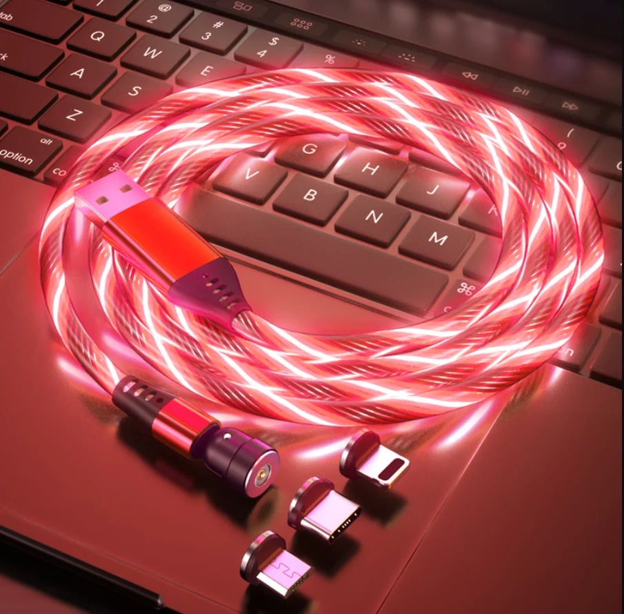 3 540 degree In 1 Light Usb Luminous Glow Flowing Mobile Phone Cable Wholesale Magnet Charger Cable  magnetic cable led