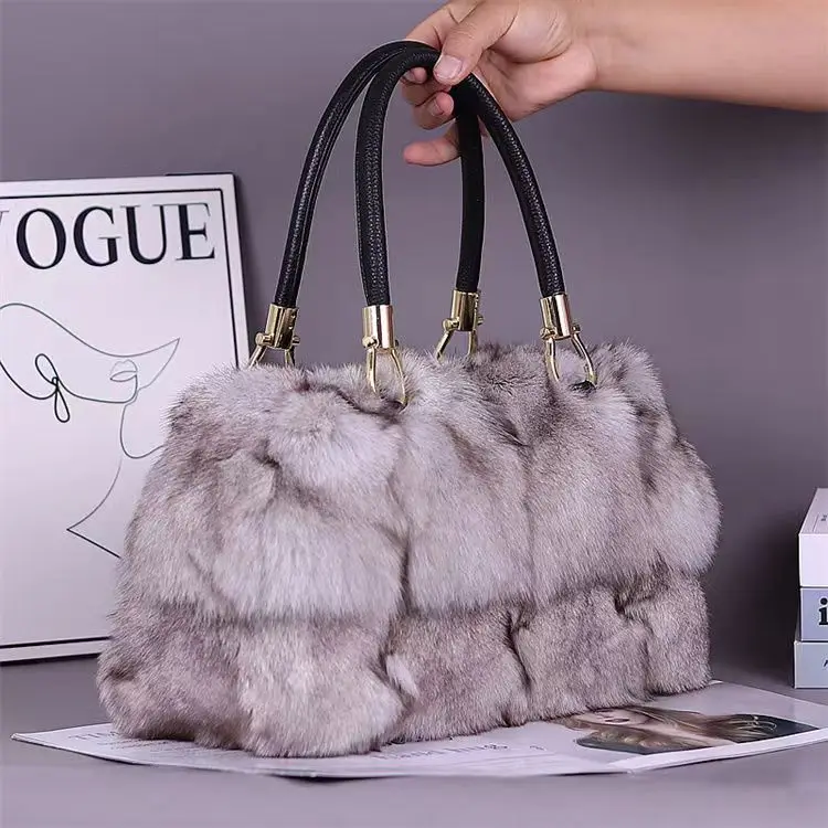 Women elegant fur tote bags new arrival real fox fur handbags luxury fur fashion lady bags with strap