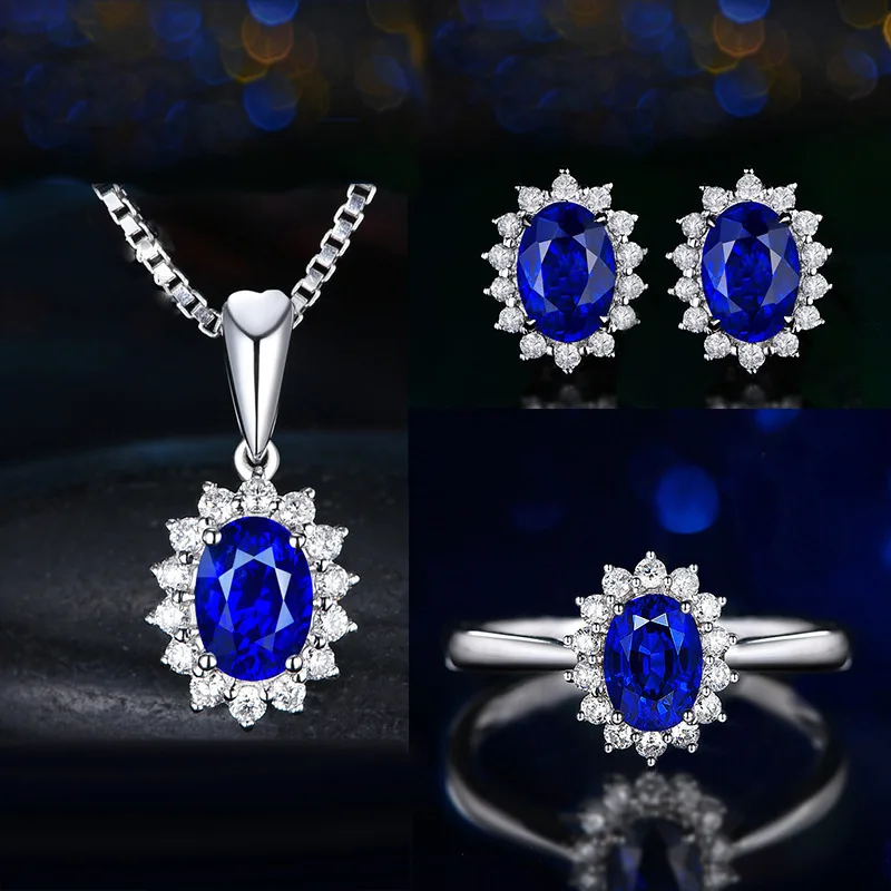 European American Full Diamond Sapphire Princess Crown Engagement Necklace Earring Ring Set Sun Flower Women Jewelry Set