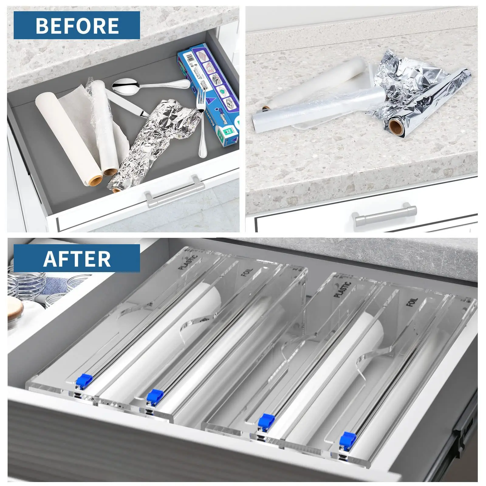 3 in 1  Foil Dispenser with Slide Cutter and Labels  Plastic Wrap Aluminum Foil Acrylic Roll Organizer Holder