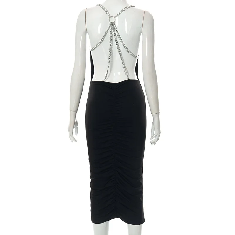 Sexy Backless White Dresses For Women 2022 Chain Ruched Black Party Long Dress Female Solid Cami Bodycon Club Midi Dress Backless White Dresses