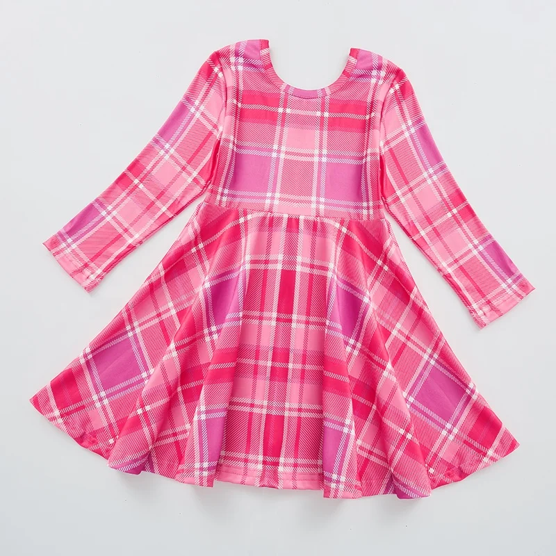 Girlymax 2023 Pink Plaid Hot-sale Valentine Day Long Sleeve and Knee Length Baby Girls Dresses