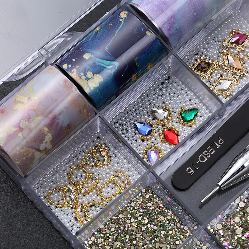 New Design Nail Art Rhinestone Sticker Transfer Foil Decals Diamond Rhinestone Box Jewelry Set Bow 3D Metal DIY Nail Art