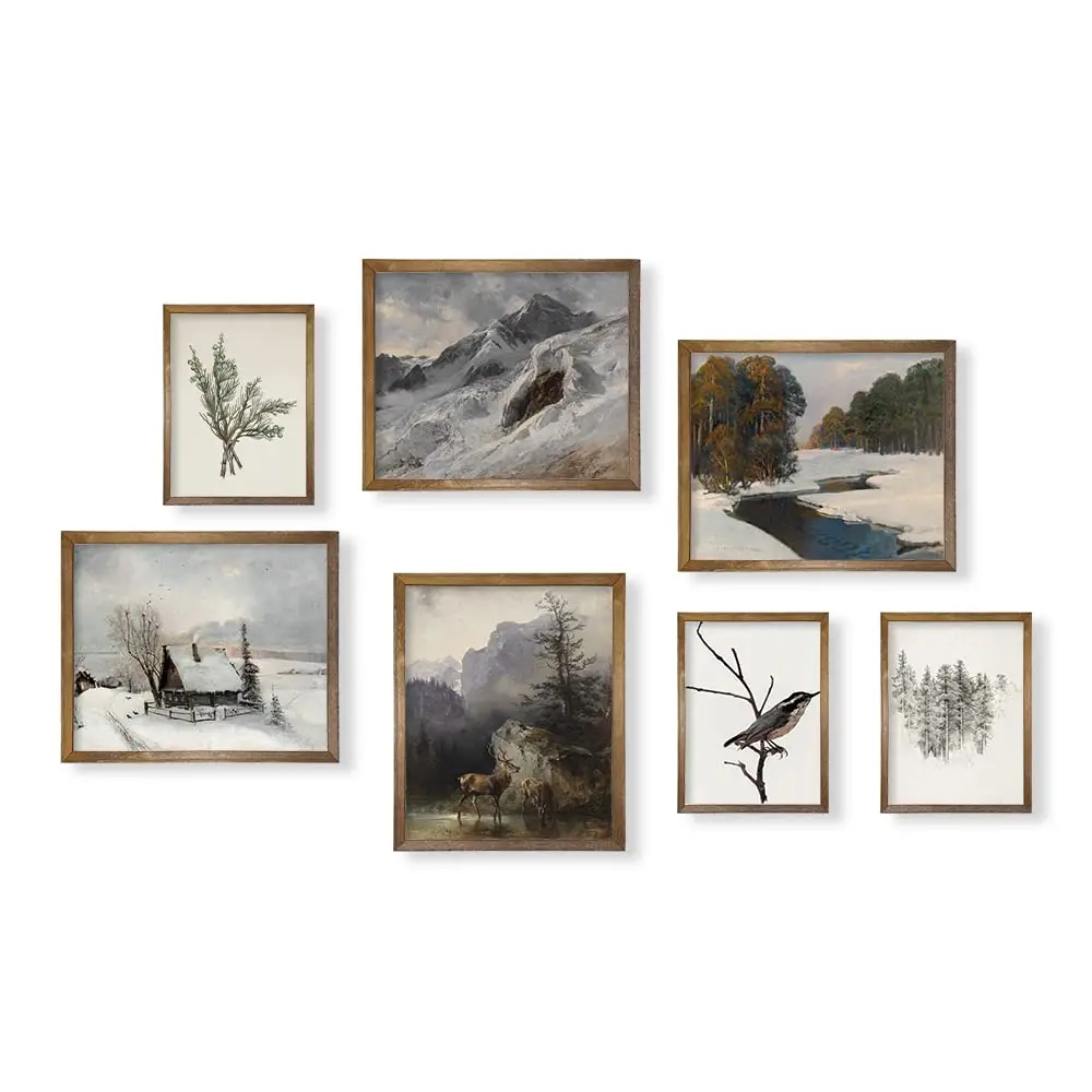 Vintage Farmhouse Wall Decor Aesthetic Botanical Picture Rustic Snowy Winter Room Set of 5 Neutral Gallery decor Wall art