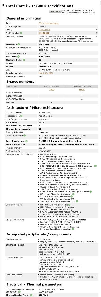 For Intel Core i5-11600K i5 11600K 3.9 GHz Six-Core Twelve-Thread CPU Processor L3=12M 125W LGA 1200