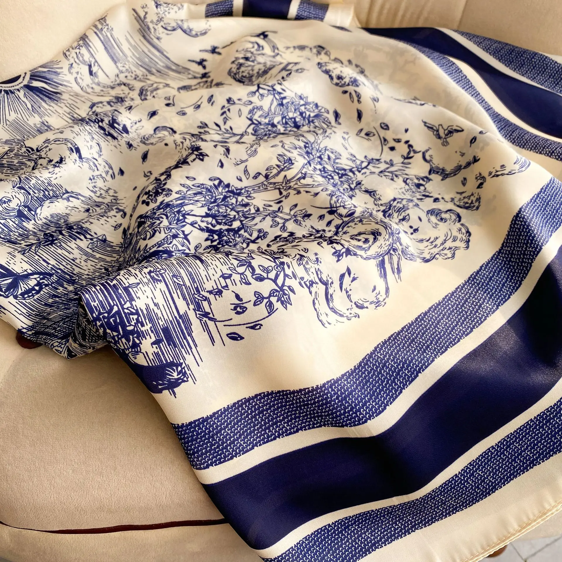 wholesale summer New  square silk scarf versatile printing decoration sunscreen 110cm silk scarf  shawls for women