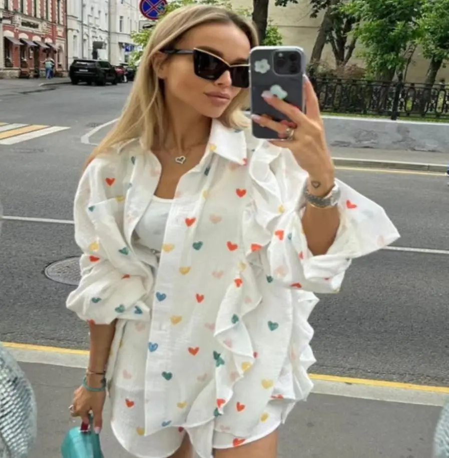 Spring Autumn Fashion Love Printed Pajamas Two Piece Set Casual Soft Cotton Short Women Home Clothes