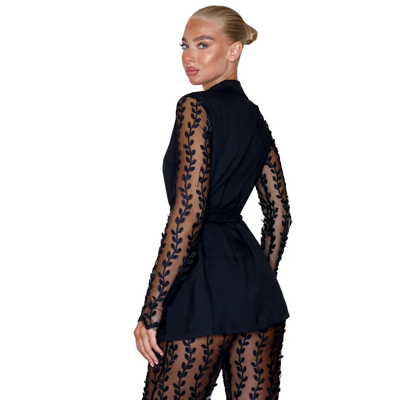 New Arrivals Mesh Lace Floral Long Sleeve Belted Top Blazer Flared Pants Sexy Two Piece Sets For Women