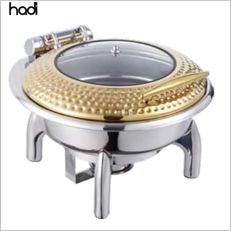 Hot Sale Hydraulic Wedding Round Chafing Dish Golden Hammered for Hotels and Restaurants Fuel Can Included