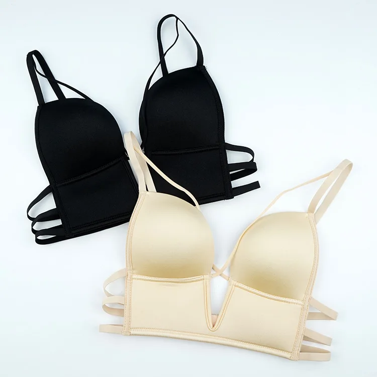High-quality fashion deep V cup bustier underwear sexy ladies cross straps push-up bra thin cup gathered bra