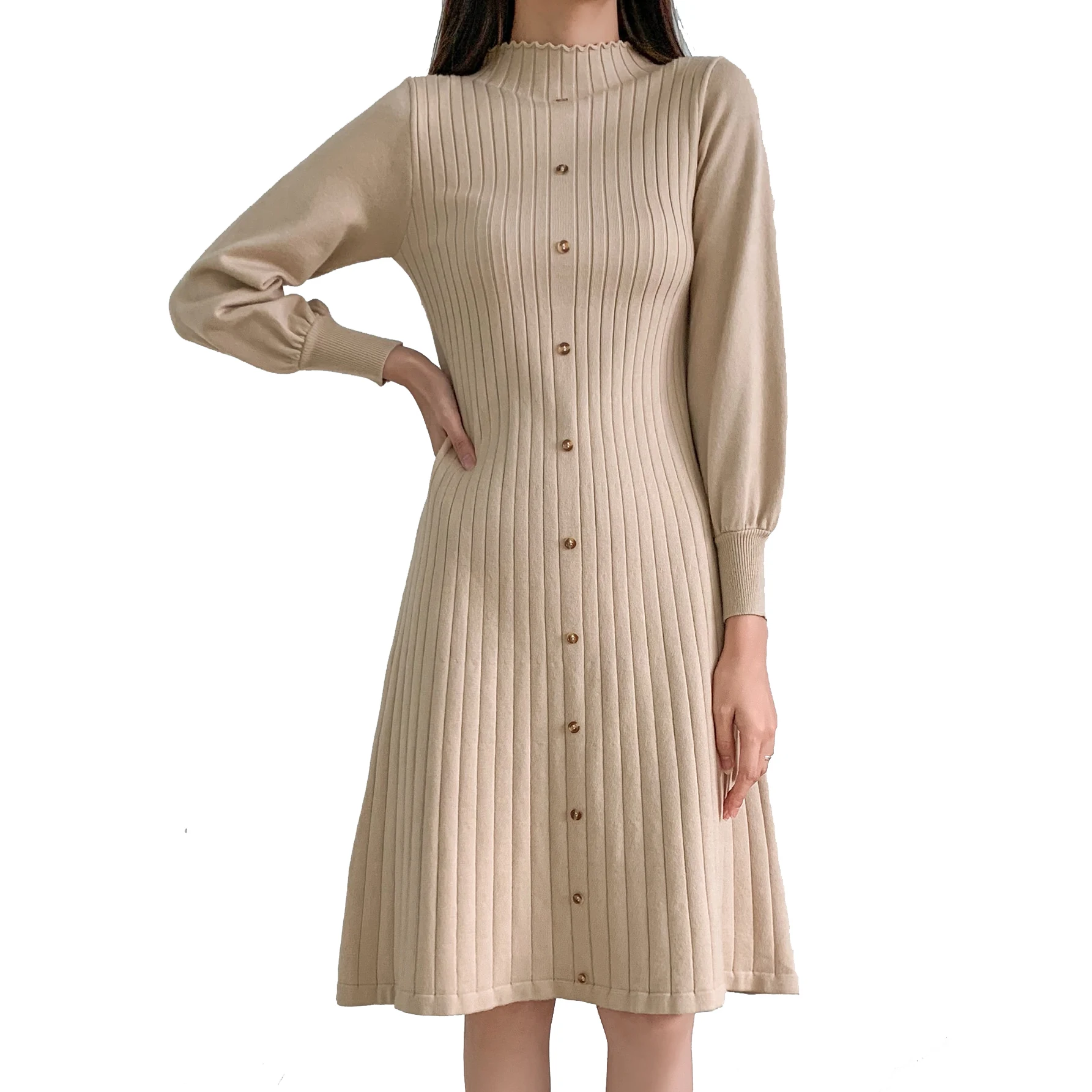 2022 Autumn Winter Women Puff Long Sleeve Knit Dress Stand Collar Solid Color Sweater Casual A-line Midi Long Dress