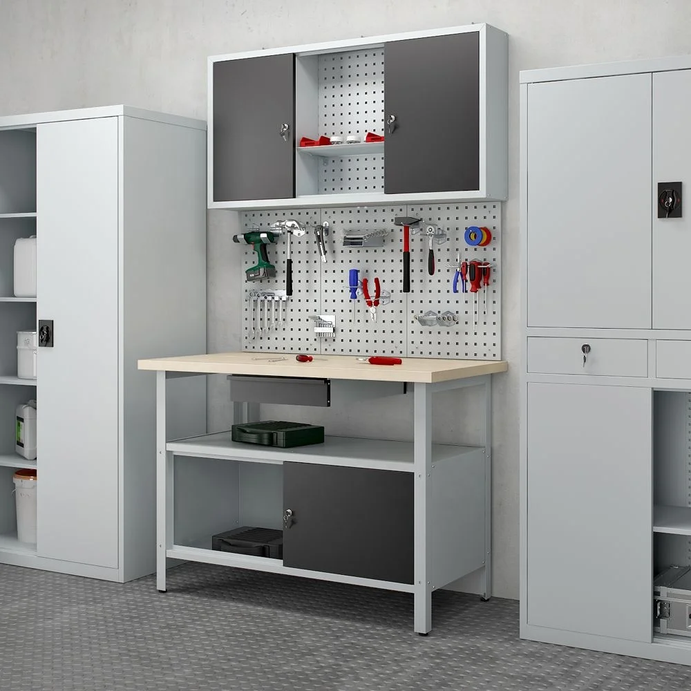 Functional  metal workbench set with storage tool cabinets in workshop and garage