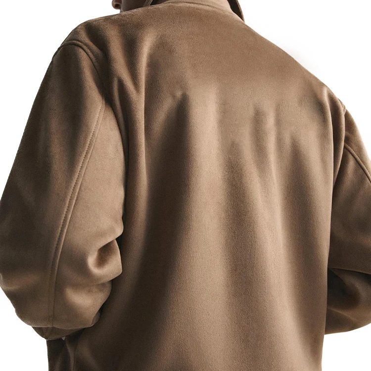 Men faux suede bomber jacket with patch and embroidery ribbed trims snap button front