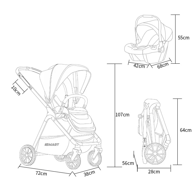 Smart Stroller Hot sell luxury 3-in-1 stroller with Car Seat Pram Reversible Bassinet OEM Easy Clean Grey Frame