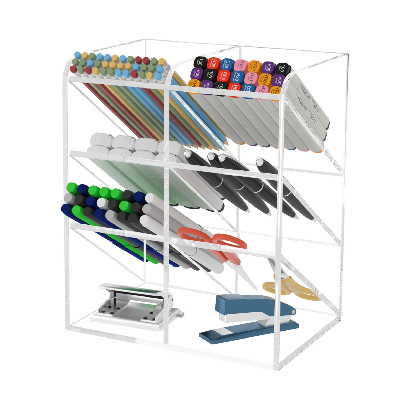 Customized Large Capacity Makeup Marker Pens Organizer Storage Stand Clear Acrylic Beveled Pen Pencil