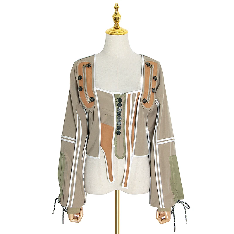 CHICEVER Лоскутные пальто для девочек с квадратным воротником рукавами-фонариками на шнуровке женские куртки 2020 модная одежда