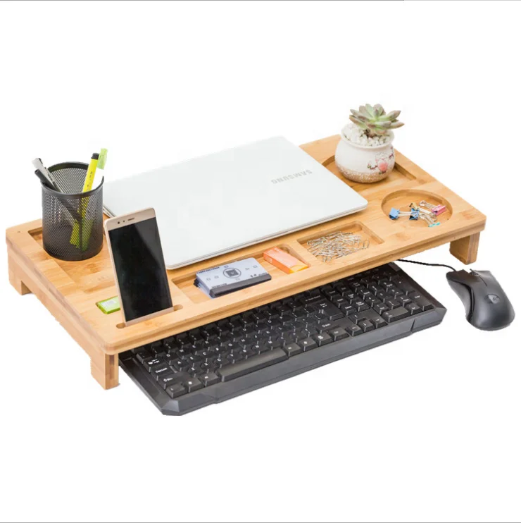 Bamboo Monitor Stand Riser with Drawers, Sturdy Desk Organizer Laptop Stand with Keyboard Storage, Office Computer Accessories