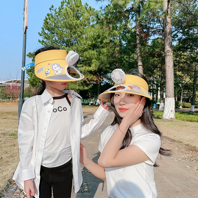 FF1096 Cartoon USB Chargeable Fan Cap UV Protection Wide Brim Visor Cap Women Men Kids Sun Visors Hat